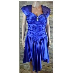 80s poofy drop waist high low hem prom dress